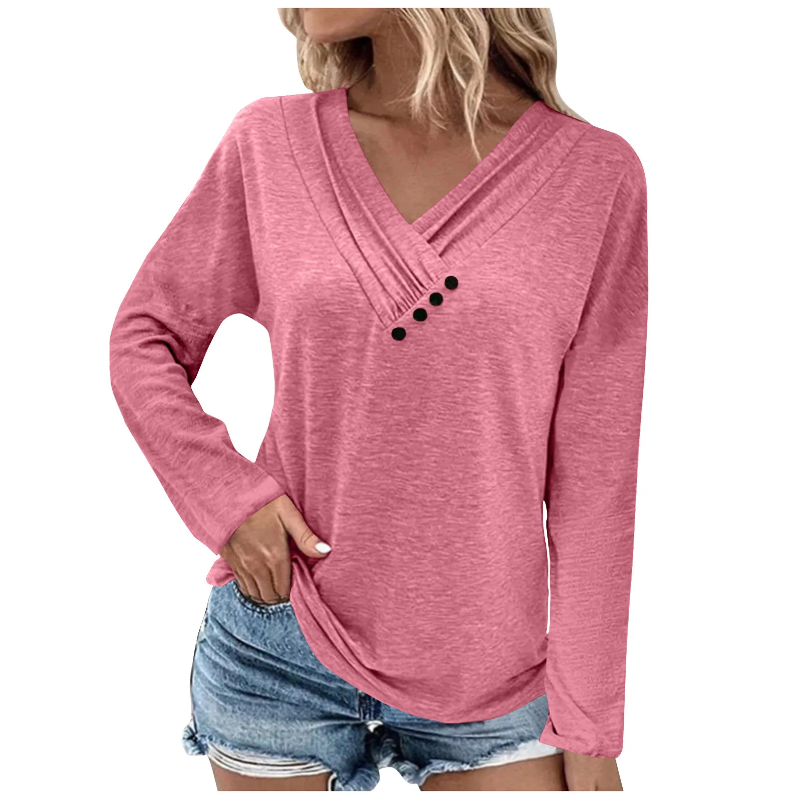

Women's Blouse V Neck Pullover Loose Tops Autumn Winter Long Sleeve Casual Commuter T-Shirt Female 2023 Fashion New Solid Tees