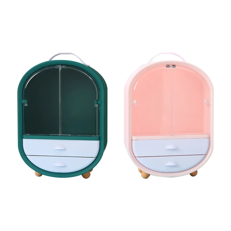 

Cosmetic Storage Box Double Door Drawer Make up Storage Holder with Handle