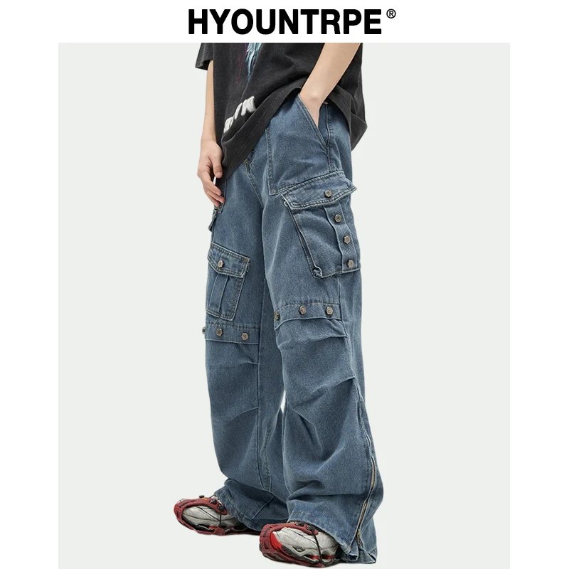 Punk Rivet Denim Jeans Pants Mens 2023 Harajuku Streetwear Bottom Zipper Cotton Casual Oversize Joggers Straight Pants Trousers