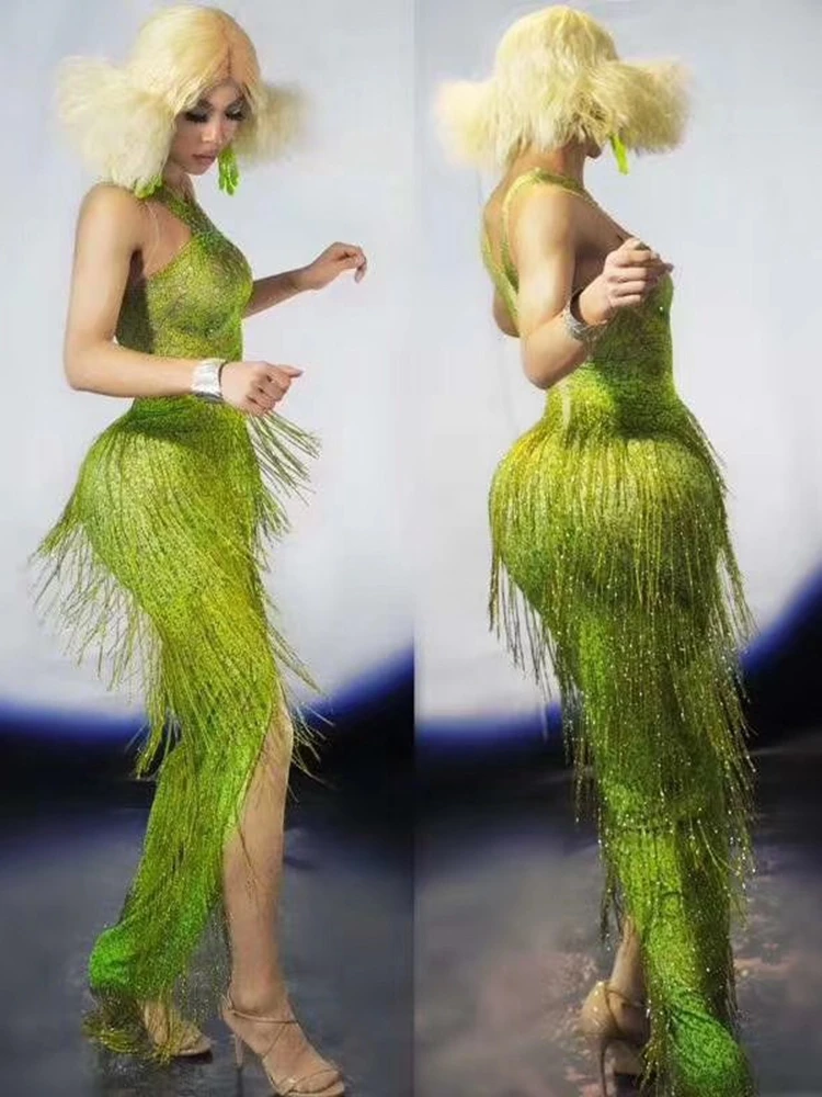 

Green Color Tassels Elastic Women Sheath Dress Halter Outfit Wear Party Nightclub Show Dress Long Stage