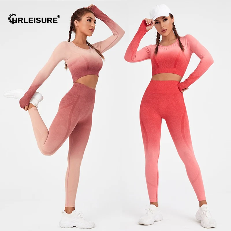 

CHRLEISURE Gradient Women Sports Set Long Sleeve Crop Top High Waist Fitness Leggings Seamless Sports Suits Workout Sportswear