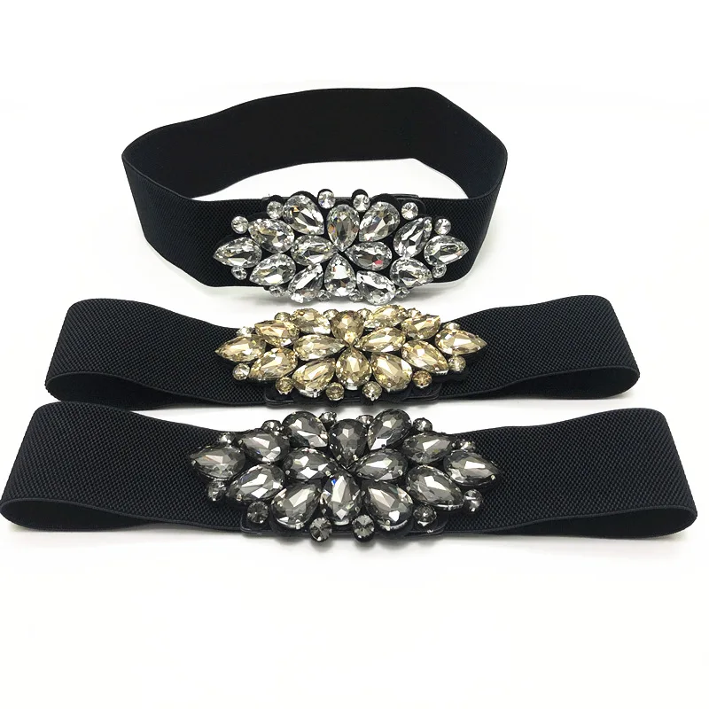 

ODM Fashion Women Stretchy Wide Belts Black Elasticband With Shiny Crystal Design Casual Dresses Cummerbunds&belts