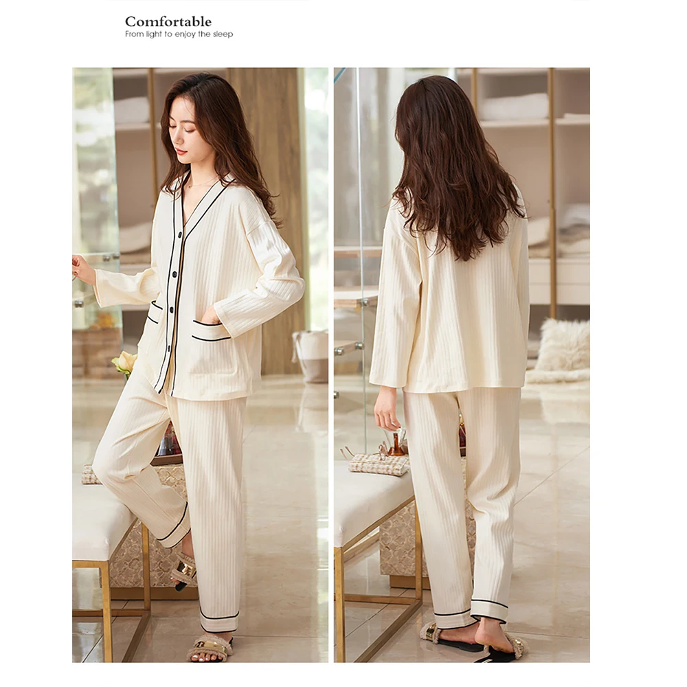 100% Cotton Breathable Women's Pajamas Spring Autumn Casual 3XL Home Clothes Sexy V Neck Solid Striped Long Sleeve Pajama Sets