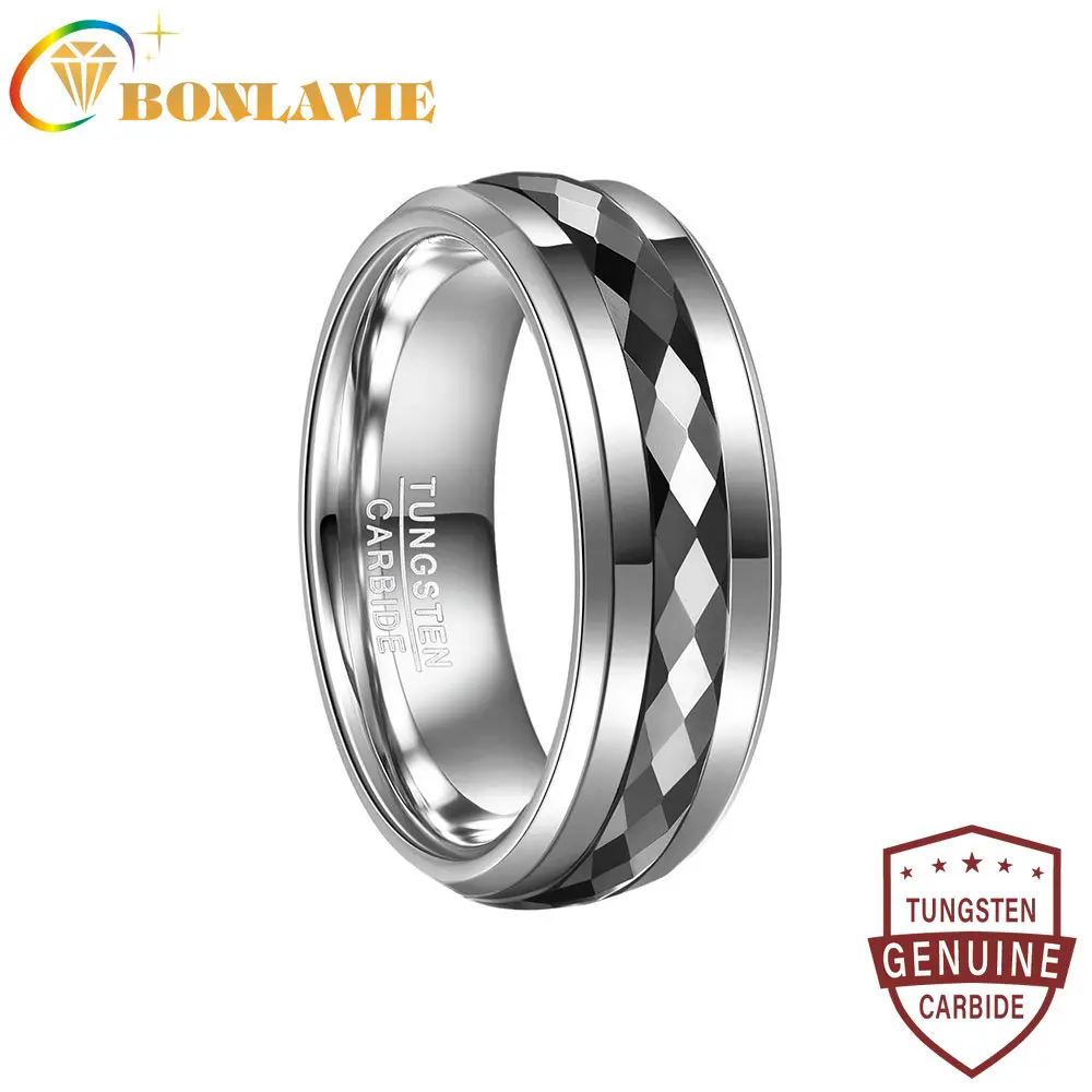 

BONLAVIE 8mm Middle Black Batch of Flowers on Both Sides of Steel Color Tungsten Carbide Ring Men's Fashion Wedding Jewelry