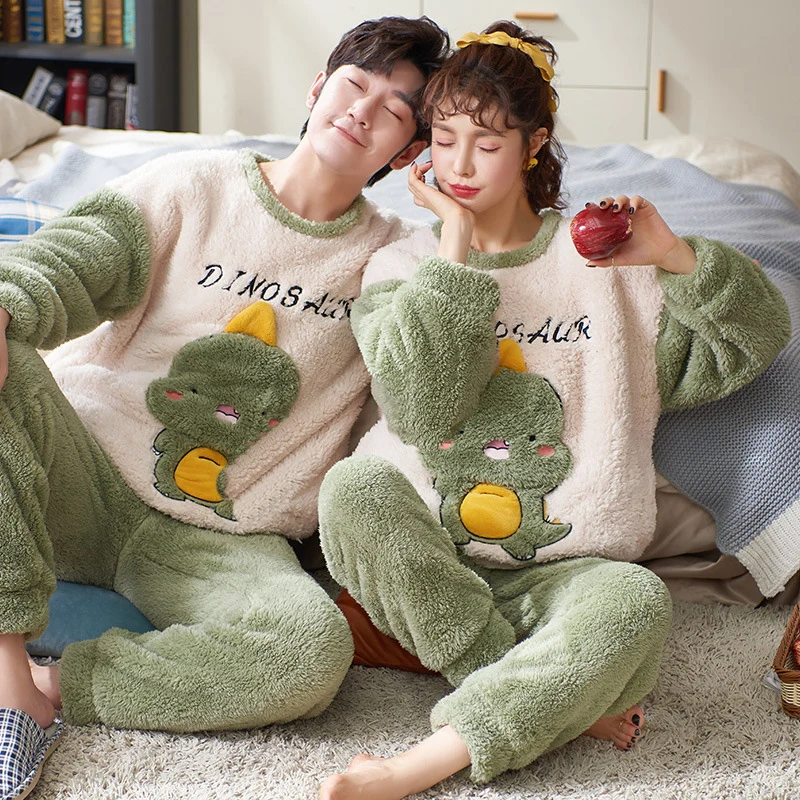 

Winter Thicken Pyjamas Sleepwear Couples Pajamas Sets Women Men Cartoon Animal Korean Lovers Homewear Soft Warm Pijama Hoodies