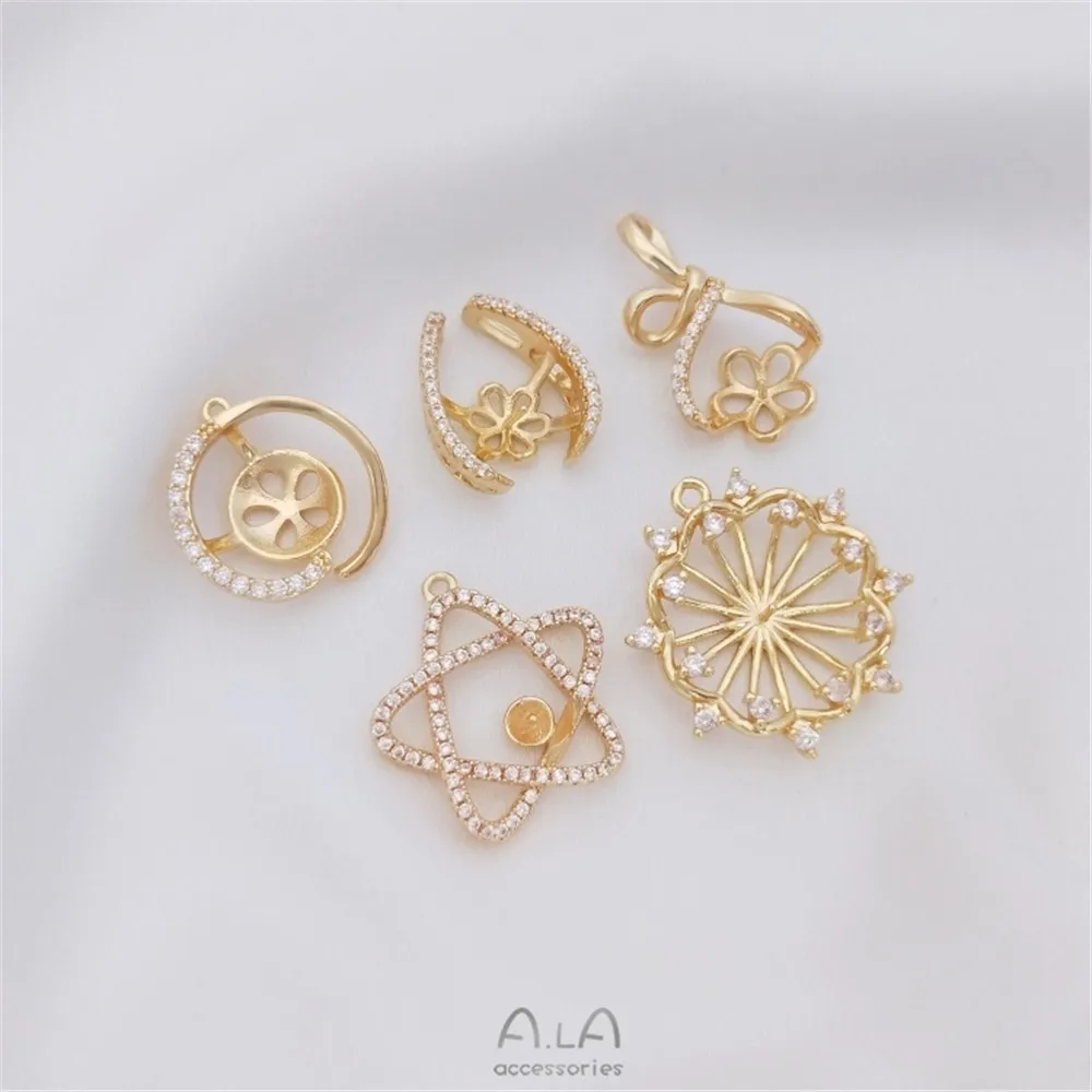 

14K gold wrapped zircon money bag star crystal pearl half hole bead pendant DIY handcrafted necklace empty pendant