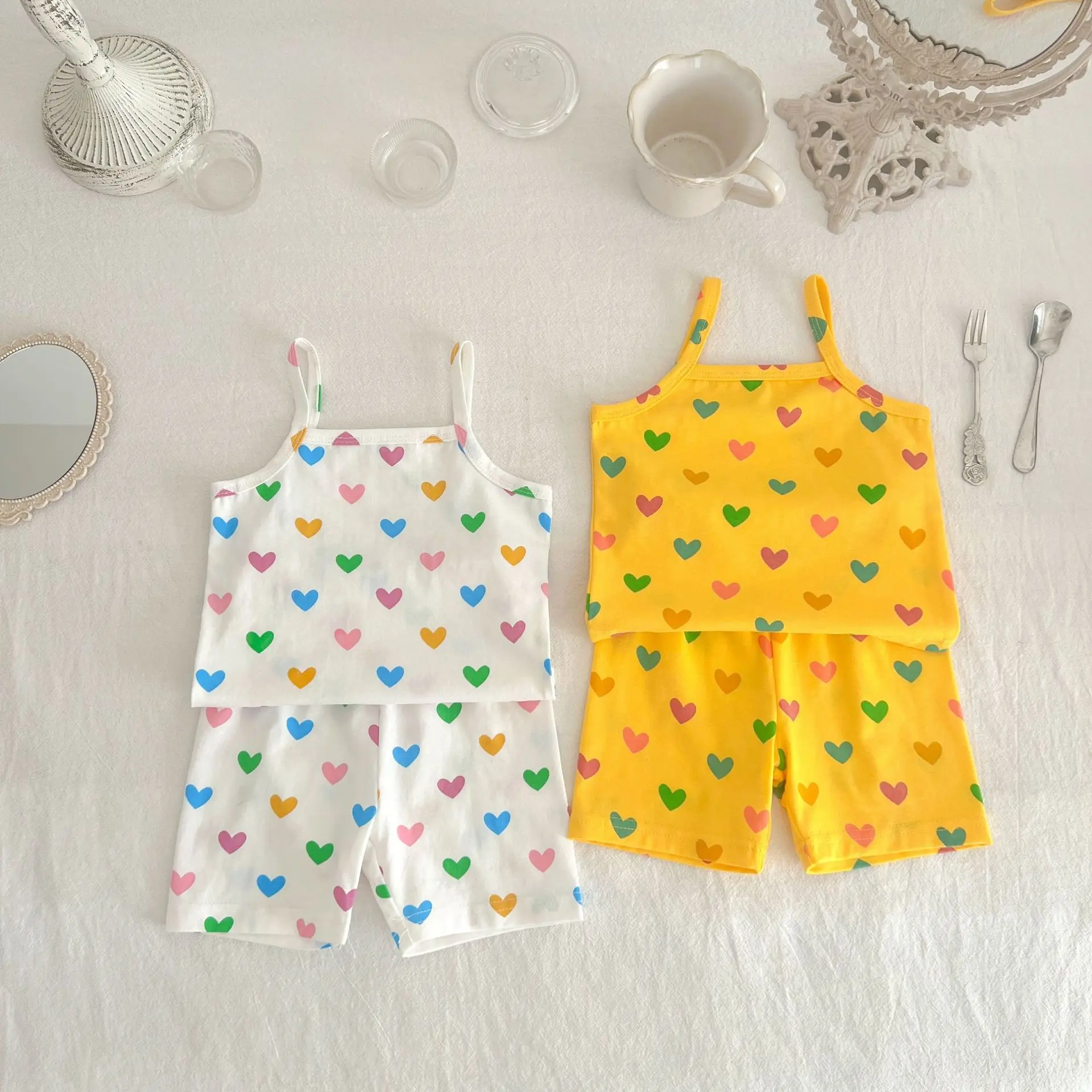 

2023 Summer New Baby Sleeveless Clothes Set Infant Girl Cute Heart Print Sling Vest + Shorts Cotton 2pcs Suit Toddler Outfits