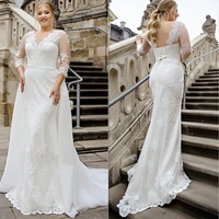 plus size detachable train mermaid wedding dresses 2022 v neck 34 sleeve lace appliques gorgeous tulle backless bridal gown