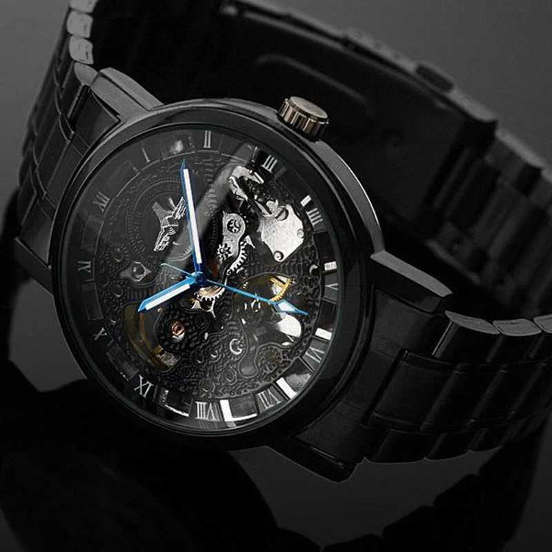 

2019 Fashion Winner Brand Men Skeleton Automatic Mechanical Full Black Stainless Steel Vintage Sport Man Punk Luxury Gift Clocks