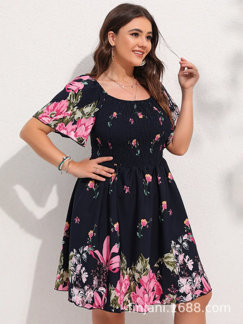 

2023 Y2k Allover Floral Print Shirred Midi Dress Oversize Lantern Sleeve High Waist Dresses for Women High Stretch Beach Dress