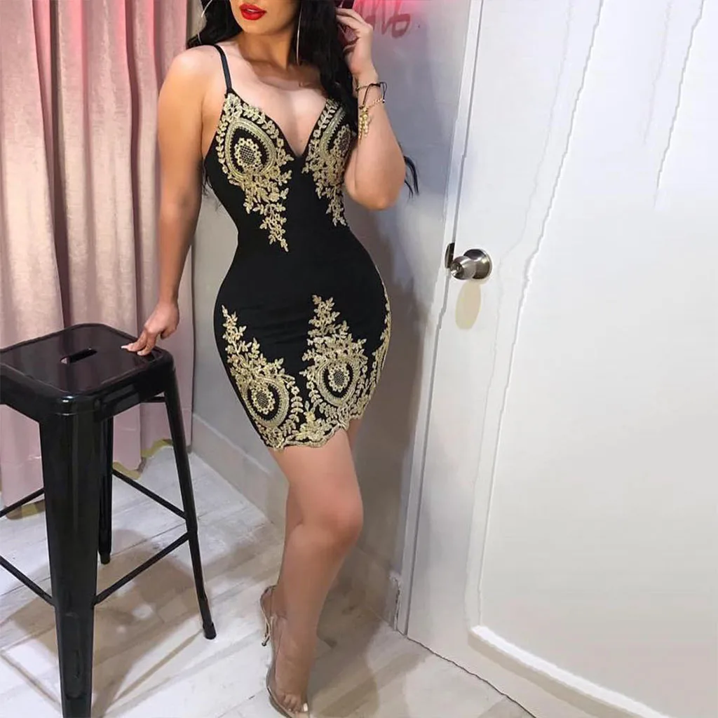 Элегантное платье 2022 с вышивкой и блестками сексуальное лямкой на шее V-образным