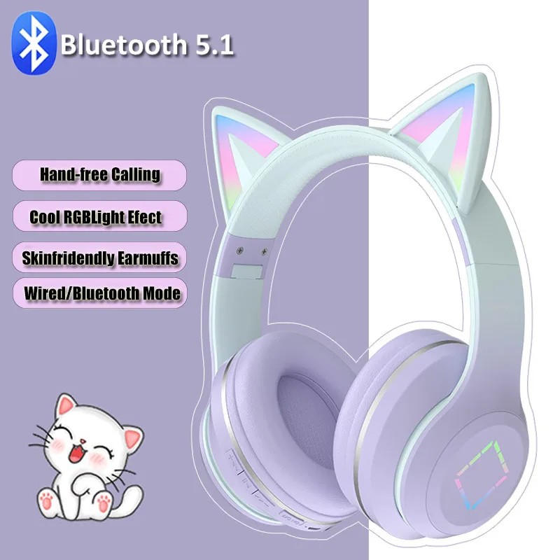 

Мигающий светодиодный наушники с милыми кошачьими ушками Bluetooth 5.1 беспроводная стерео гарнитура с микрофоном складные проводные наушники д...