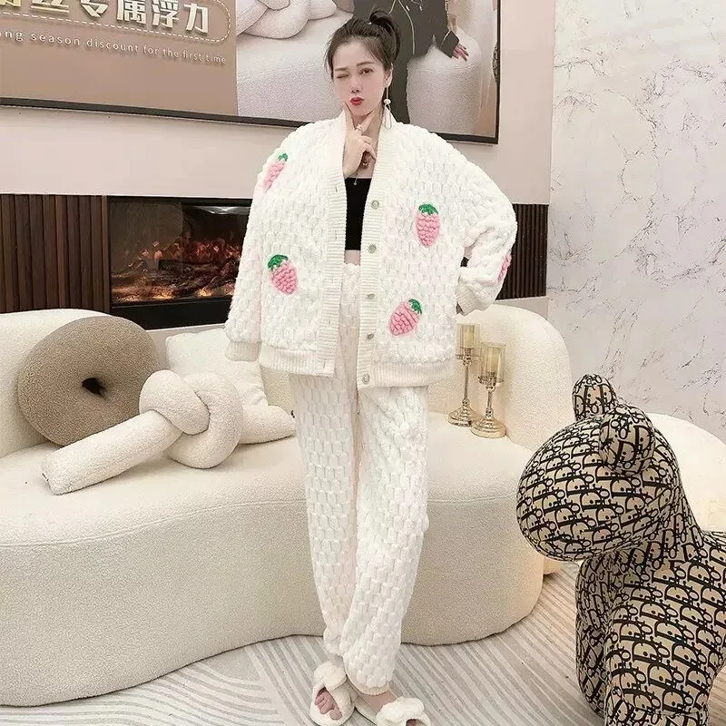 Коралловая бархатная Пижама для женщин новый стиль толстый костюм фланелевая