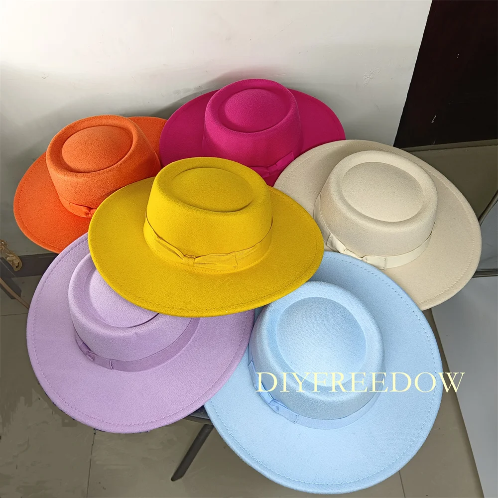 

Fedora Hat for Women Men Flat Top Concave Design Autumn Winter Bow Tie Jazz Hat Colorful Unisex Fedora Wide Brim Hat Panama 2022