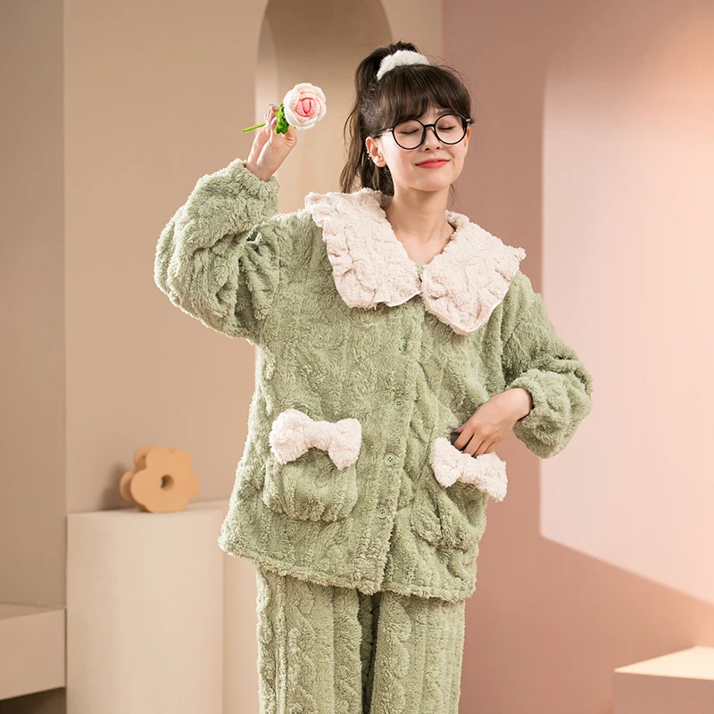 Women Warm Thick Pajamas Winter Girls Cute Solid Color Sleepwear Sets Flannel Home Clothes