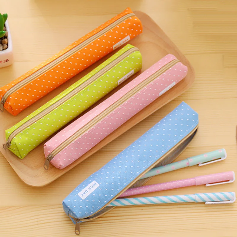 

1Pc Pencil Bag Dot Canvas Pen Pouch Cosmetic Box Zipper Pencil Case for Student Gift School Kawaii Stationery Organizer Supplies