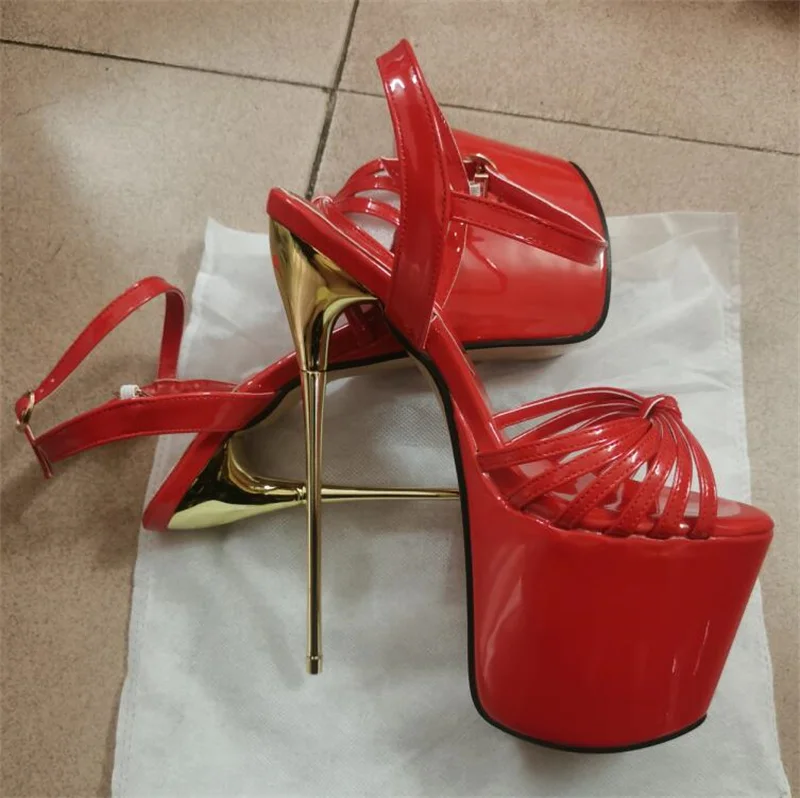 Summer 2025 Nightclub Women Shoes Sexy Open Toe Party Pumps Big Size Sandals 22CM Metal Thin High Heels Narrow Band Stilettos