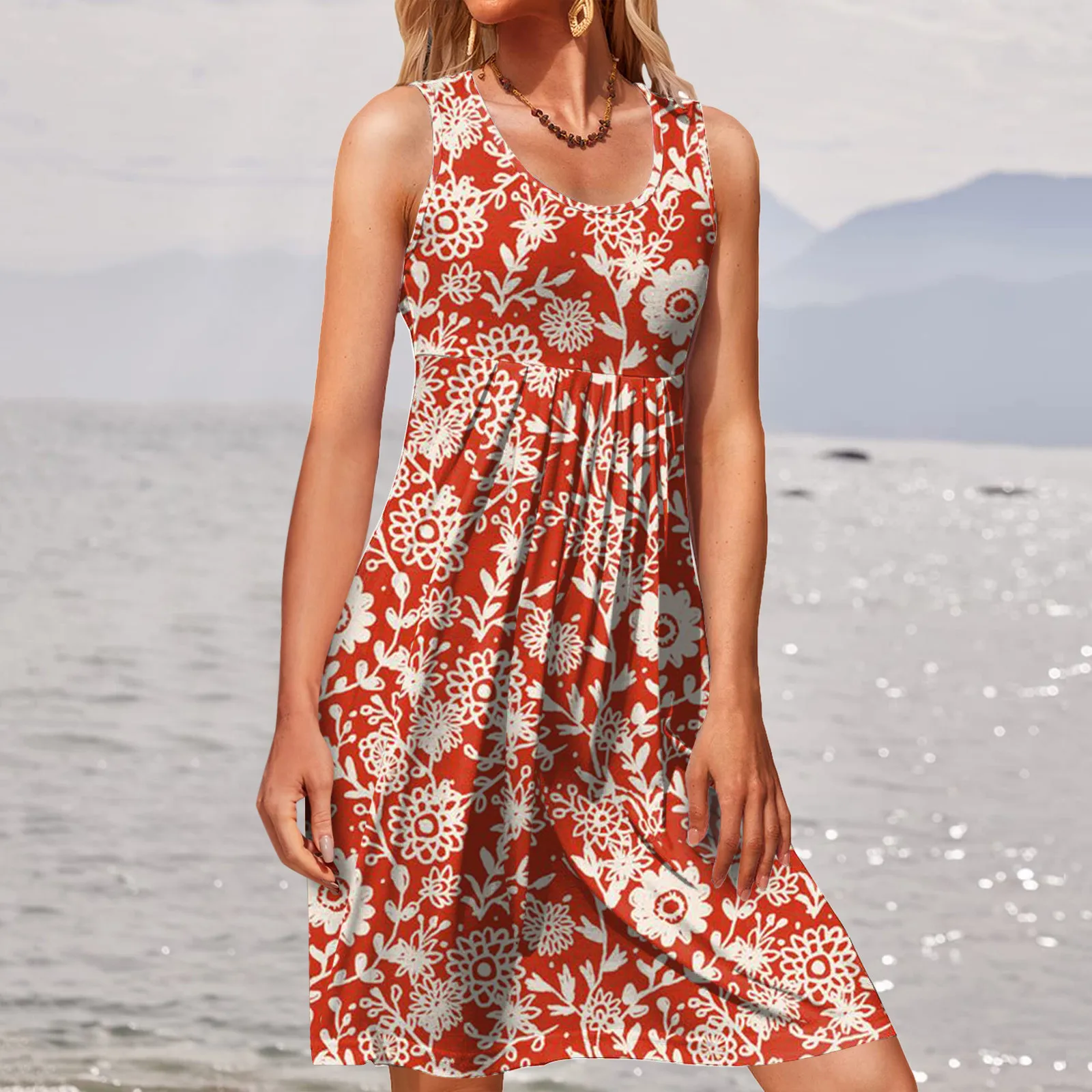 

Women Summer Beach Dress Casual Loose Floral Tank Dresses Fashion Draped O Neck Sleeveless Sundress Holiday Vacation Outfits