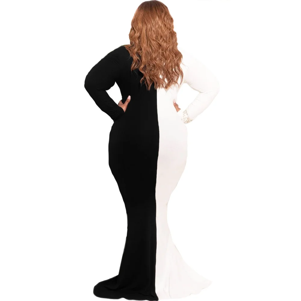 Plus Size Women's Slim Sexy v Neck Long Sleeves Color Blocking Floor Length Casual Dresses Wholesal 3xl 4xl 5xl 6xl