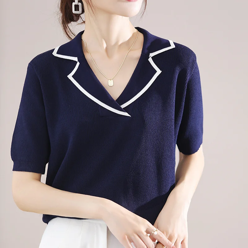 

Новинка, летние модные вязаные футболки, Женский пуловер с коротким рукавом и отворотом, жилет, повседневные топы контрастных цветов, женск...