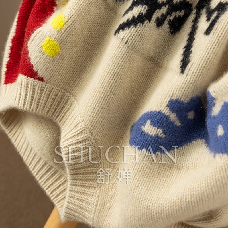 Жаккардовый 100% кашемировый свитер с круглым вырезом и длинными рукавами женский