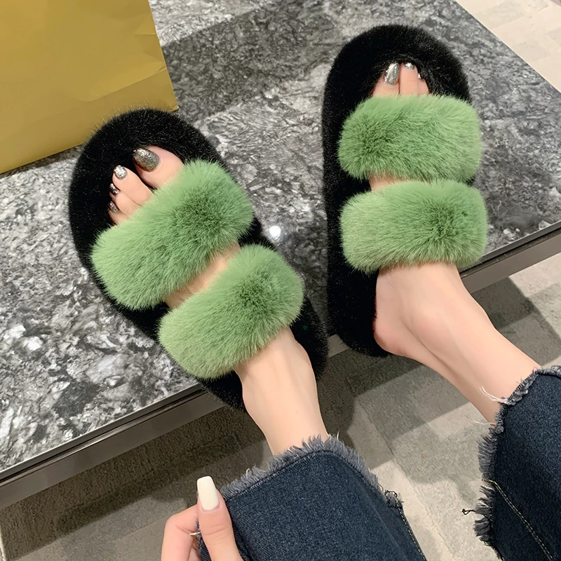 

Шлепанцы женские меховые, теплые пушистые тапочки, сланцы из искусственного меха, плоская подошва, Мягкие Вьетнамки для дома, для дам, знаменитостей
