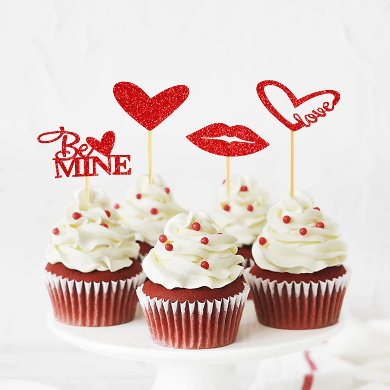 

12pc/set Red Love Valentine's Day Cake Card Flag Pink Print Letter Lips Baking Decor Wedding Birthday Home Party Decor Supplies
