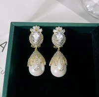 fashion elegant bead drop court vintage earrings european shiny zircon bride pearl jewelry romance dangle