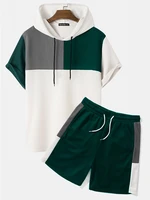 charmkpr handsome new men knitting color block patchwork sets casual male loose short sleeve hooded shorts two piece sets s 2xl