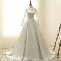 real photos a line long sleeve wedding dress simple satin bridal gown appliques lace open back robe de mariee plus size vestido