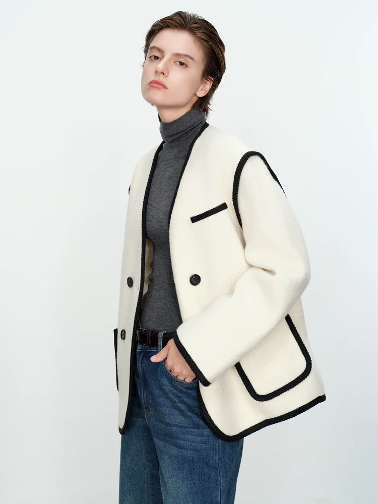 Wandian Snow Melting Time Short Woolen Outerwear 2024 Winter New Board Cocoon Shaped V-neck Mbc4o0sjxw0