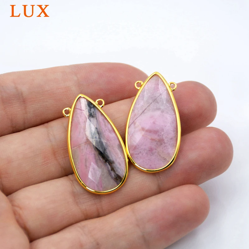 Natural Rhodonite Pendant Teardrop Connector 30x15mm Handmade Gold Bezel Gemstone Charm Red Stone Jewelry | Украшения и