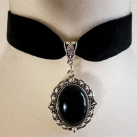 gothic black onyx necklace velvet choker fashion ladies gift pagan witchcraft medieval pendant statement renaissance necklace