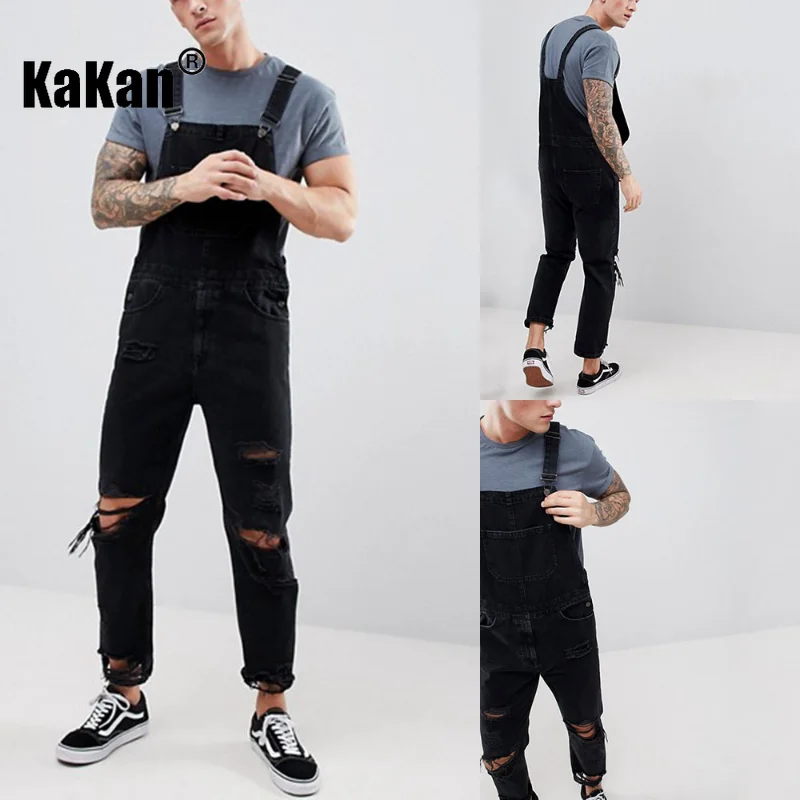 Kakan - European and American New Strap Tears Jeans for Men, Youth Popular Black Super Perforated Long Jumpsuit K34-710