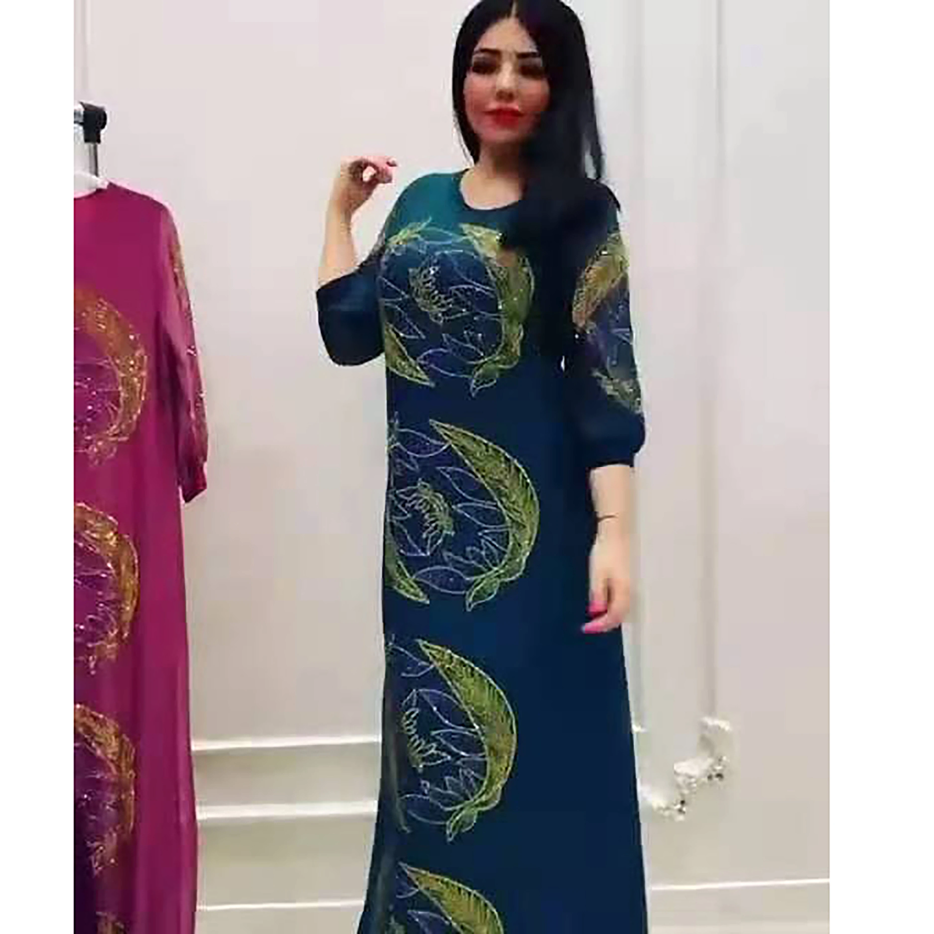 платья женские модные платье женское Новинка, голубое черное Цветочное платье, кафтан Morrocan, женское мусульманское вечернее платье