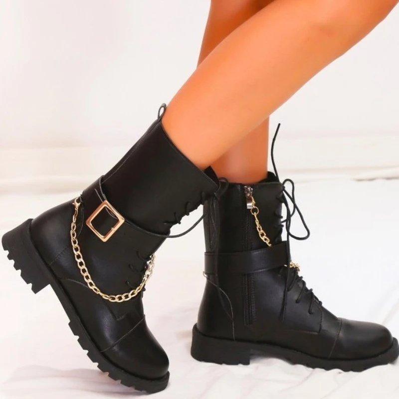 

Women Motorcycle Boots Autumn Casual Solid Color Side Zipper Ankle Boots Lace Up Large Size Round Head High Heels Bota Feminina