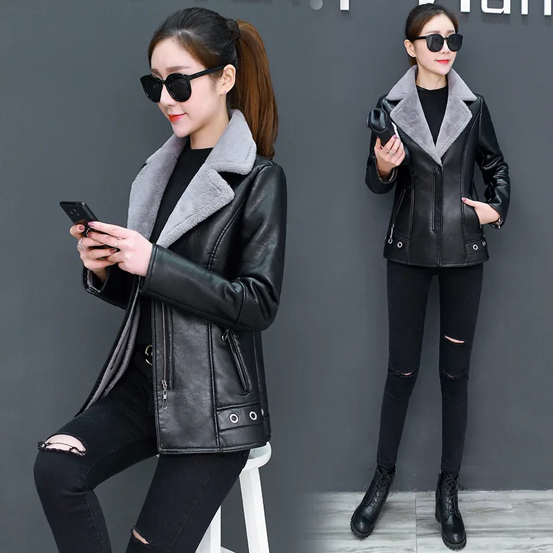Winter Women's 2022 Short Leather Jacket Korean Fur Jacket Thickened Autumn  Winter Motorcycle Clothes Skinny Lady Warm Top