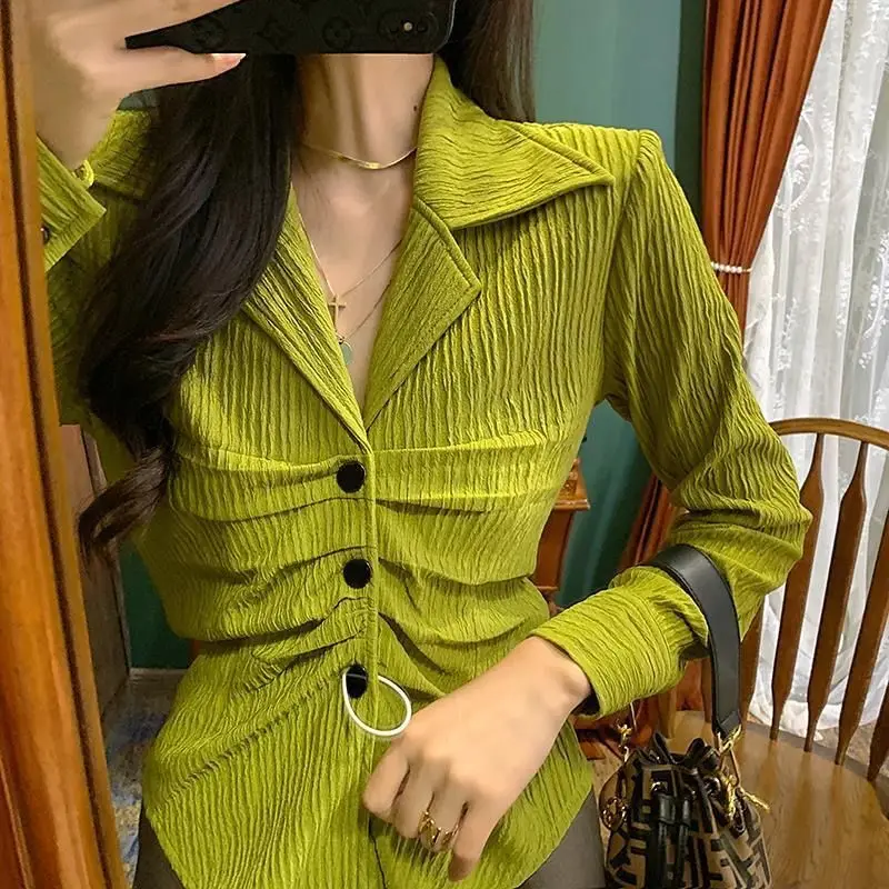 

2022 Women Fashion Pleats Design green Satin Smock Blouse Lady Casual Slim Buttons Kimono Shirts Chic Blusas Tops