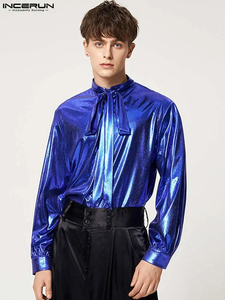 

INCERUN Men Shirt Solid Color Shiny Lace Up Long Sleeve Button Streetwear 2022 Fashion Camisa Masculina Casual Party Shirts 5XL