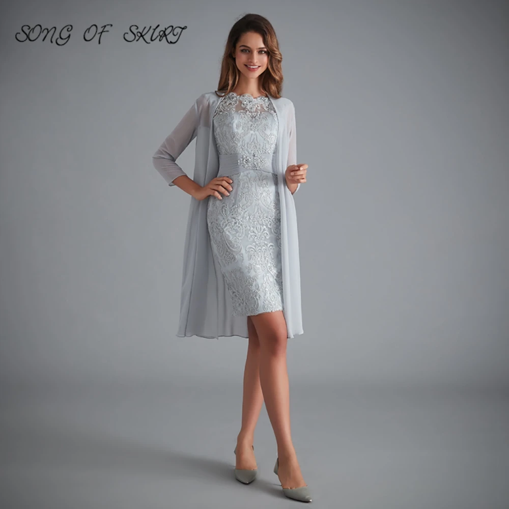 

Светильник-серое шифоновое платье-Русалка для матери длиной ниже колена, платье для гостей свадьбы, кружевное официальное платье на заказ