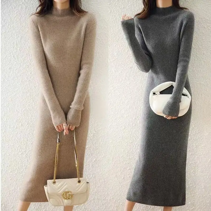 

Платье женское с длинным рукавом и высоким воротником, эластичное Модное Элегантное вязаное платье-свитер, G198