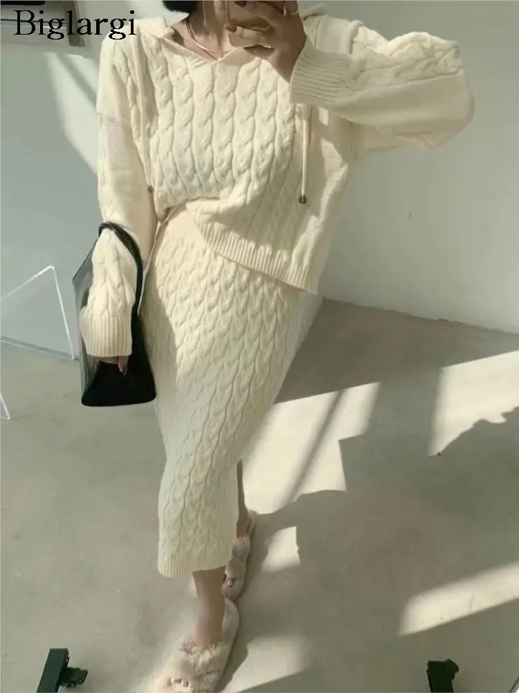 

Knitted Autumn 2 Two Piece Set Women Long Sleeve Casual Hooded Ladies Cropped Sweaters High Waist Bodycon Modis Woman Skirt 2023