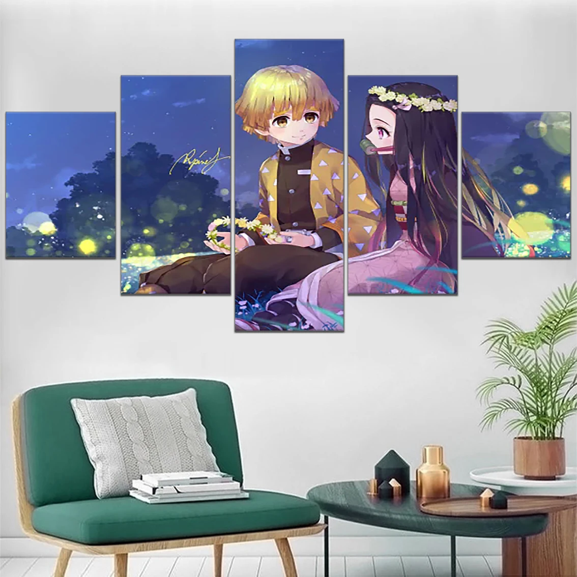 

Zenitsu Agatsuma Nezuko Kamado Demon Slayer Poster Anime Painting Picture Modern Wall Home Decor 5 Panel HD Print Canvas Bedroom