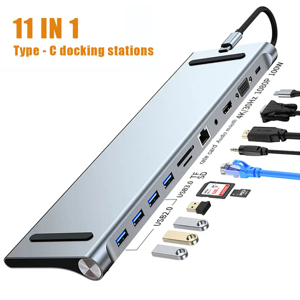 

Док-станция 11 в 1, USB Type-C, 3,0 дюйма, разветвитель, мультипорт, адаптер 4K, HDMI, совместима с RJ45, SD/TF, VGA, PD для ноутбука, MacBook, iPad, xiaomi