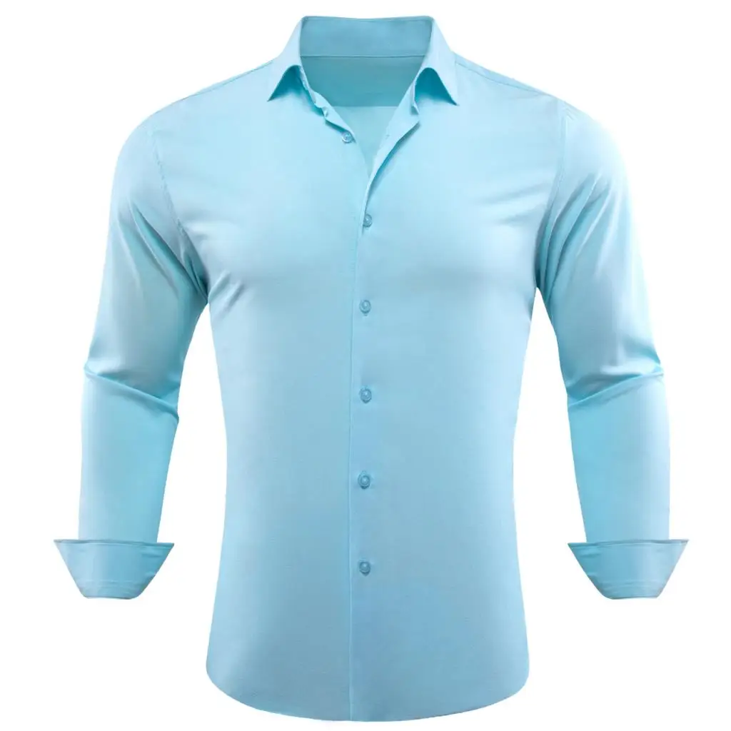 

Luxury Shirts for Men Blue Solid Silk Long Sleeve Slim Fit Casaul Male Tops Regular Tuen Down Collar Clothes Blouse Barry Wang