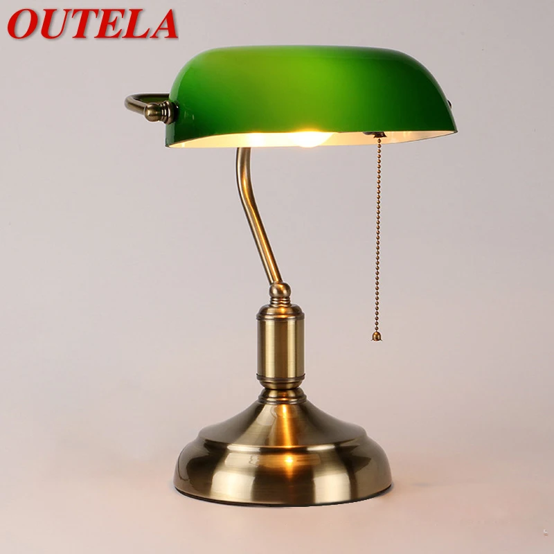 

OUTELA Classical Table Lamp Simple Design LED Green Glass Pull Switch Desk Light Decor for Home Living Room Bedroom Bedside