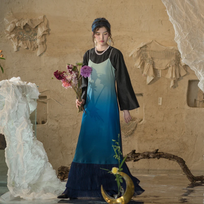 

A Life On The Left Women Mulberry Silk Dress V Neck Loose A-Shaped Turquoise Gradient With Hand Woven Waistband Long Skirt