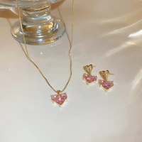 fashion pink zircon heart necklace for women sweet gold chain necklaces with crystal earring girls light luxury party jewel