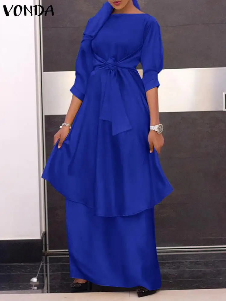 

Loose Skirt Sets VONDA Casual Solid Tunic Blouse With High Waist Skirts Women 3/4 Sleeve O Neck Belted Dresses Sets Faldas Saia