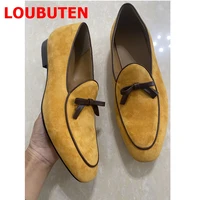 loubuten yellow suede mens loafers shoes luxury fashion bowknot slip on leather casual shoes handmade gentlemen dress shoes